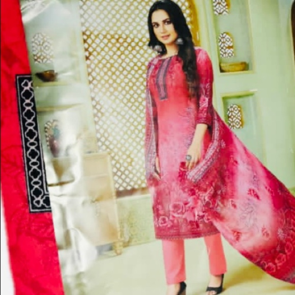 Unstitched dress material cotton three piece suit-Free Size - Picture 1 of 5